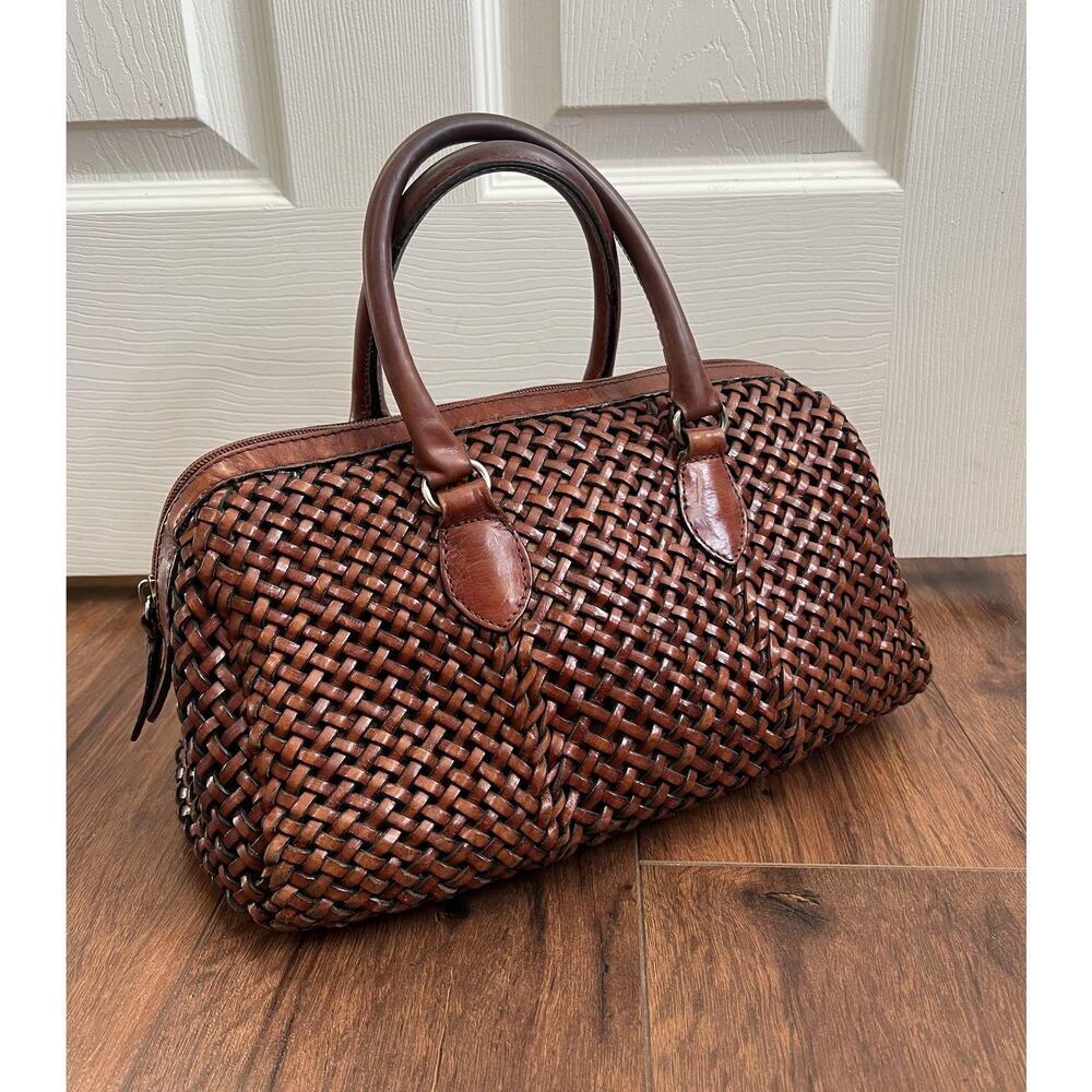 TALBOTS Vintage Brown Leather Woven Zip Top Handle Doctor's Bag Purse Satchel - Picture 2 of 15